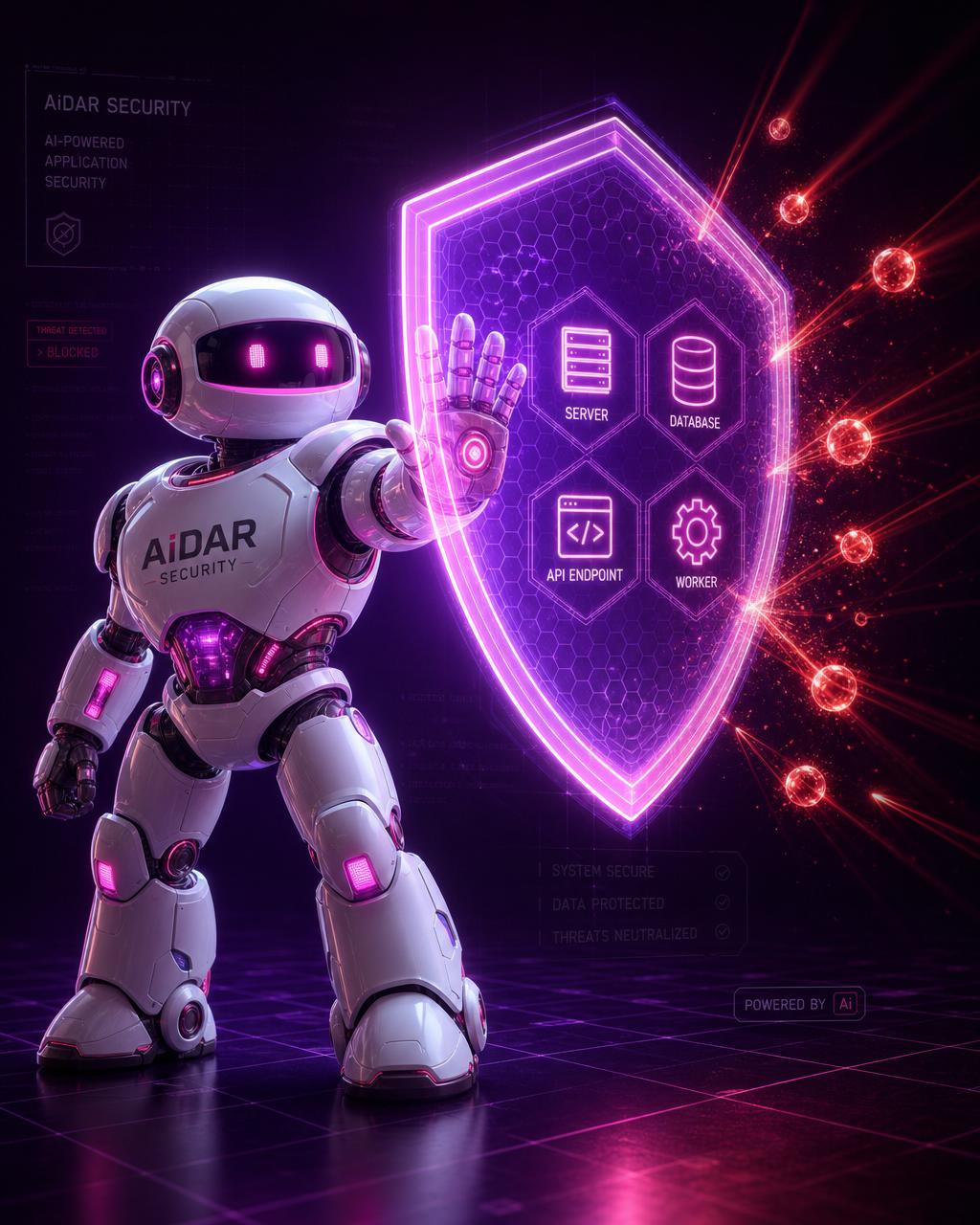 Robô AiDAR Security com escudo holográfico protegendo servidor, banco e API