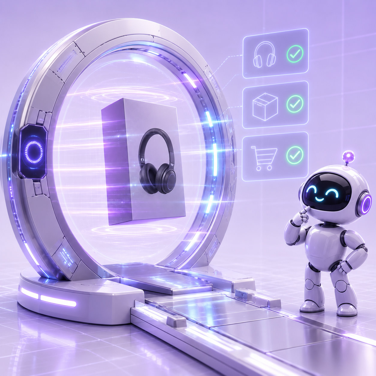 Robô AiDAR SEO ao lado de um scanner holográfico de produto