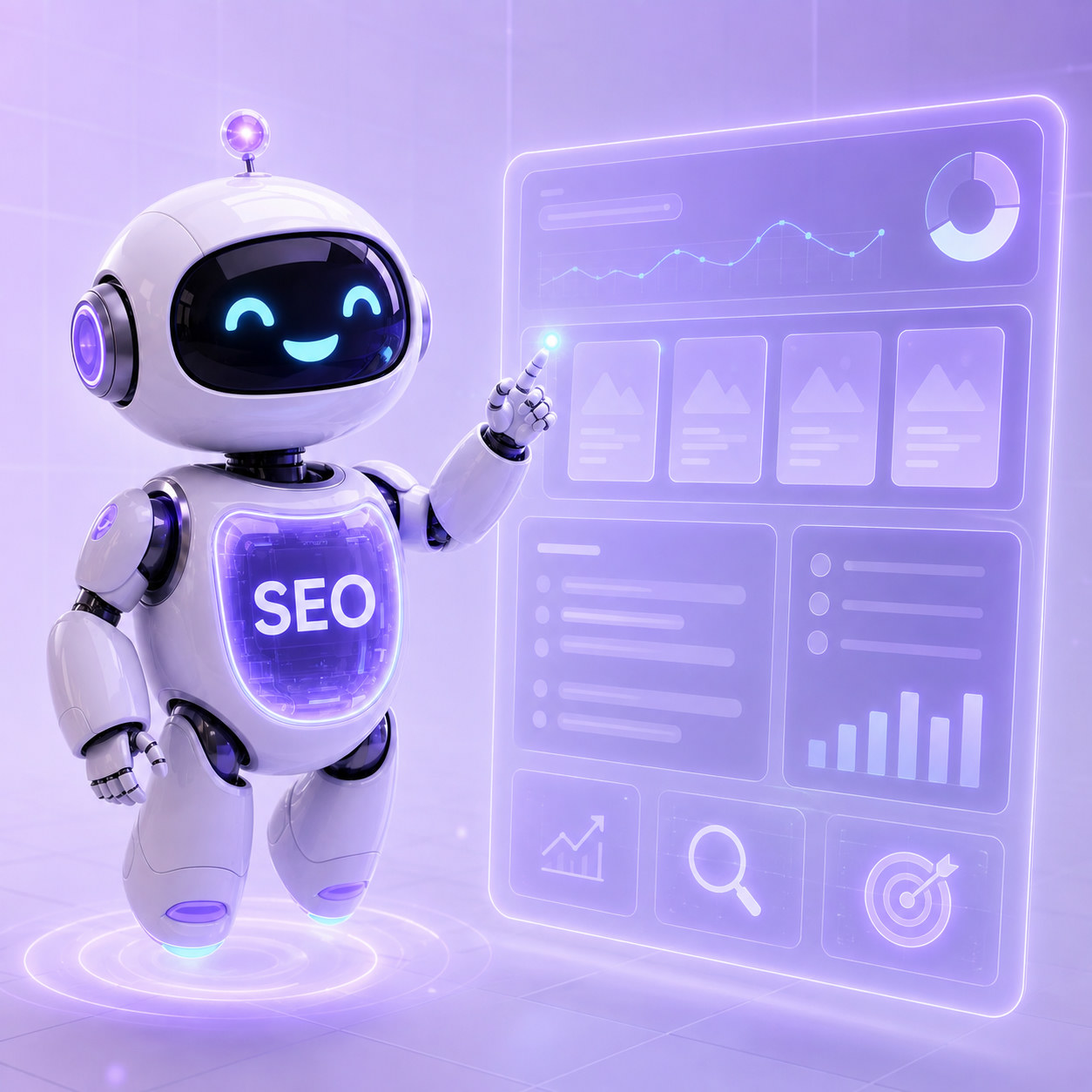 Robô AiDAR SEO apontando para um painel holográfico de conteúdo